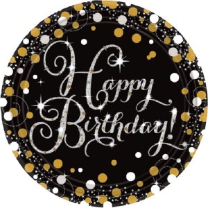 Talerze 23cm 8szt Happy Birthday czarne
